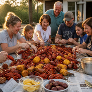family eating a crawfish boil, childhood memories