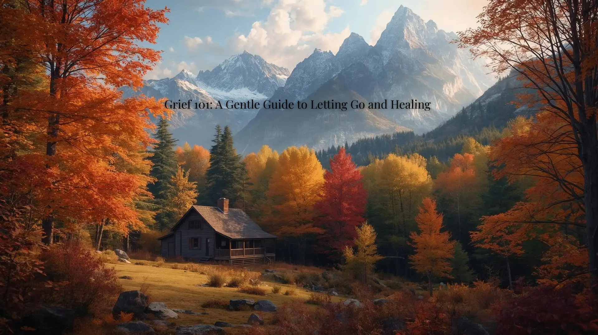 Calm autumn trees with a cabin nestled in front of the mountains