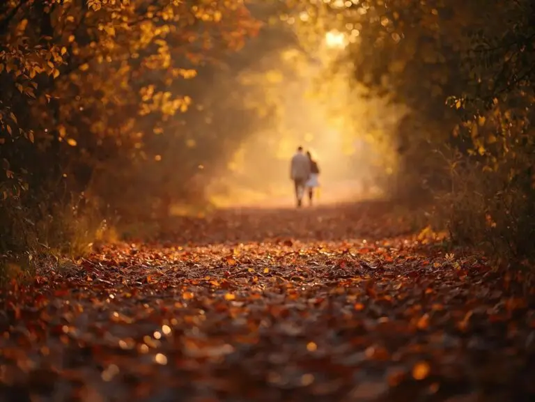 couple walking together in the distance holding hands on a path of autumn leaves, a glow is in front of them