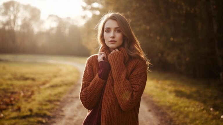Woman standing on a lightly lit path wearing a cardigan on a crisp autumn day