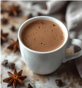 cup of hot chocolate chai tea with anise stars next to it