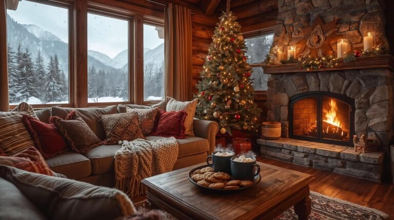 Coping with Grief at Christmas. A warm cozy cabin, mountains outside the frosted window, Christmas tree, fire place, blankets, pillows, hot cocoa and cookies