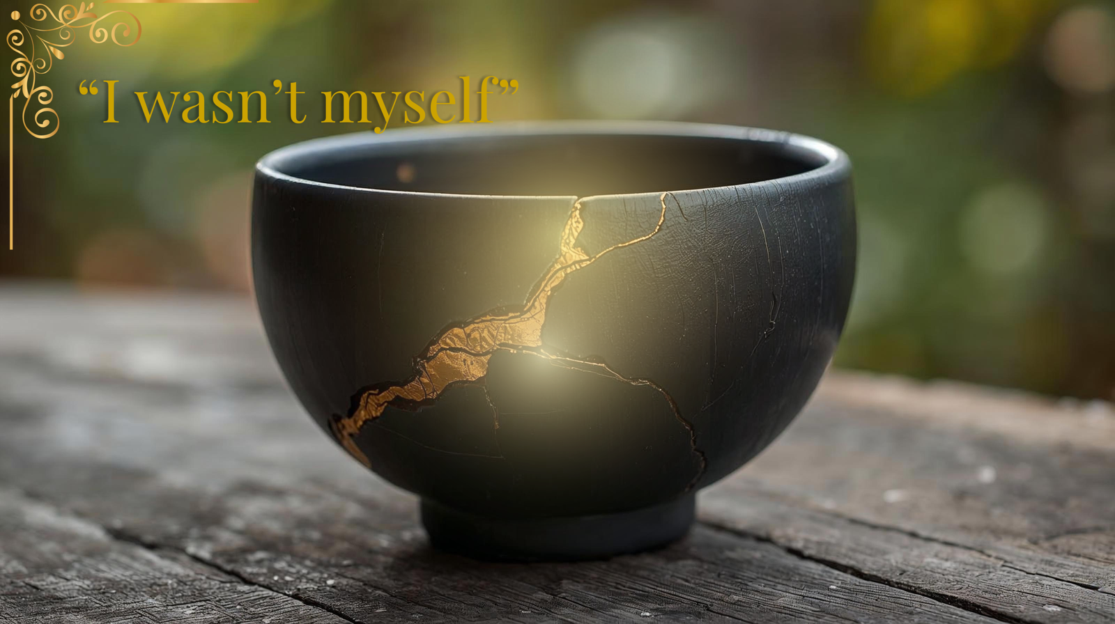 A ceramic Kintsugi bowl repaired with shimmering gold, illustrating the concept of 'crazing' and 'Grief Brain' healing after a shattered loss.