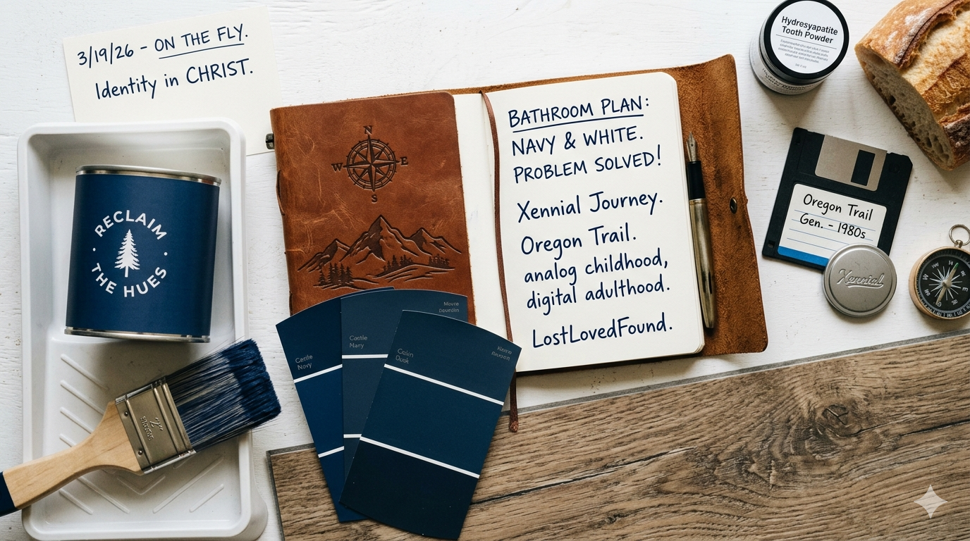 A moody Xennial DIY mood board featuring navy blue paint swatches, a wood-textured floor sample, and a leather journal with an embossed mountain design on a white surface.