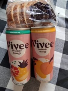 Aldi brand energy drink, Vivee and sour dough bread. 