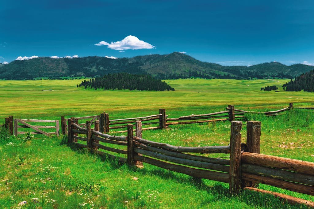 Scenic view of a rustic wooden fence in a lush green meadow with distant mountains.