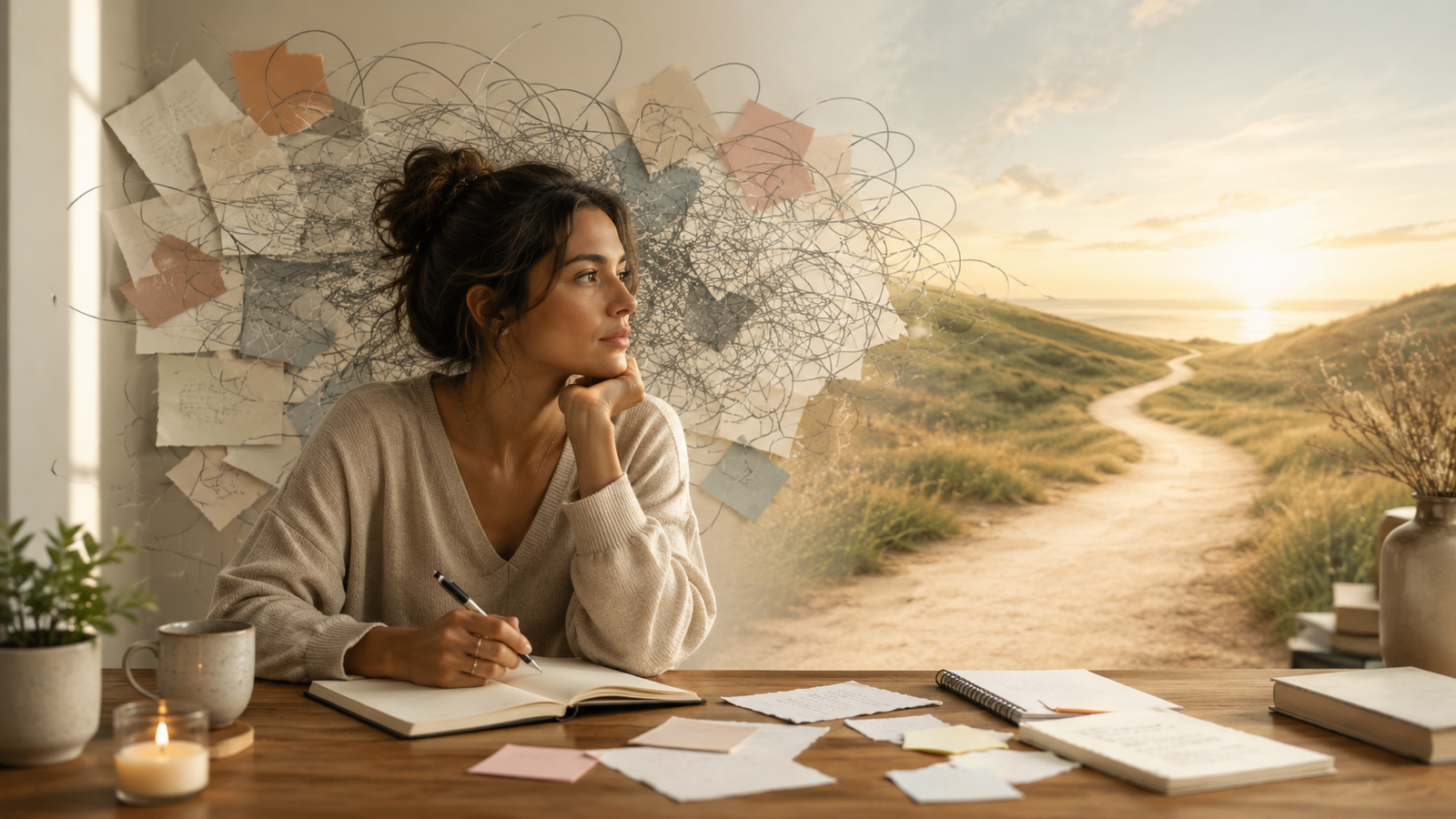 A woman stuck, not sure what to write about. Feeling lost in grid lock. Stuck in the middle.