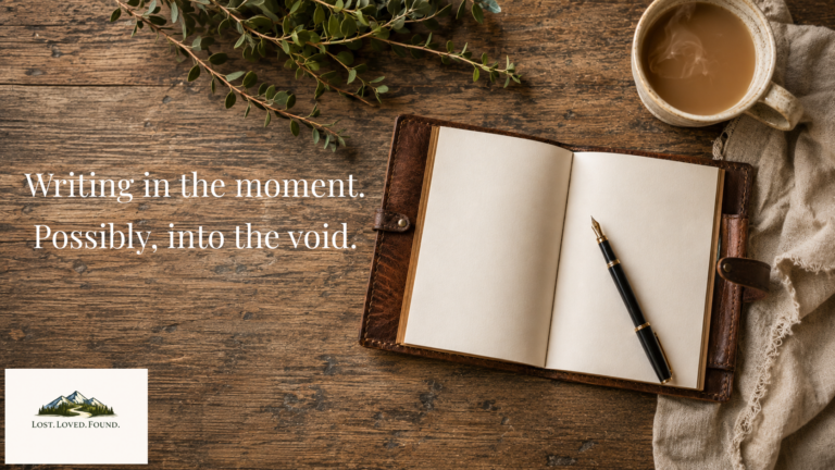 a wood table, a blank leather bound journal next to a fountain pen and a cup of coffee