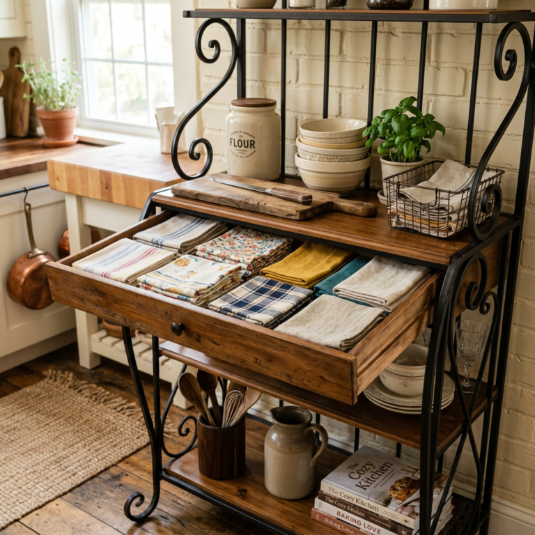 Rustic kitchen rack with organized tea towels, cutting boards, bowls, and cookbooks